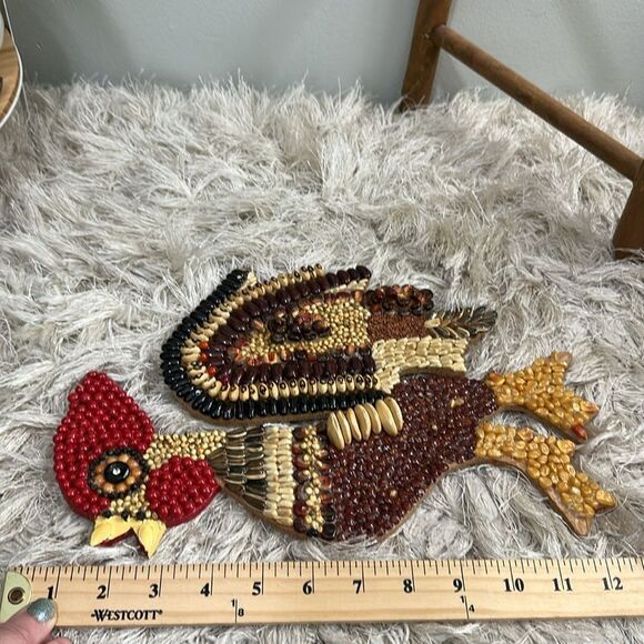 Vintage Mosaic Folk Art Handmade Rooster Seed Bean Wood Cutout Wall Decor - Picture 15 of 17